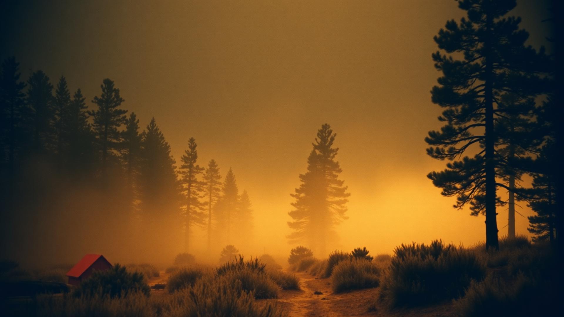Misty pine valley at golden hour