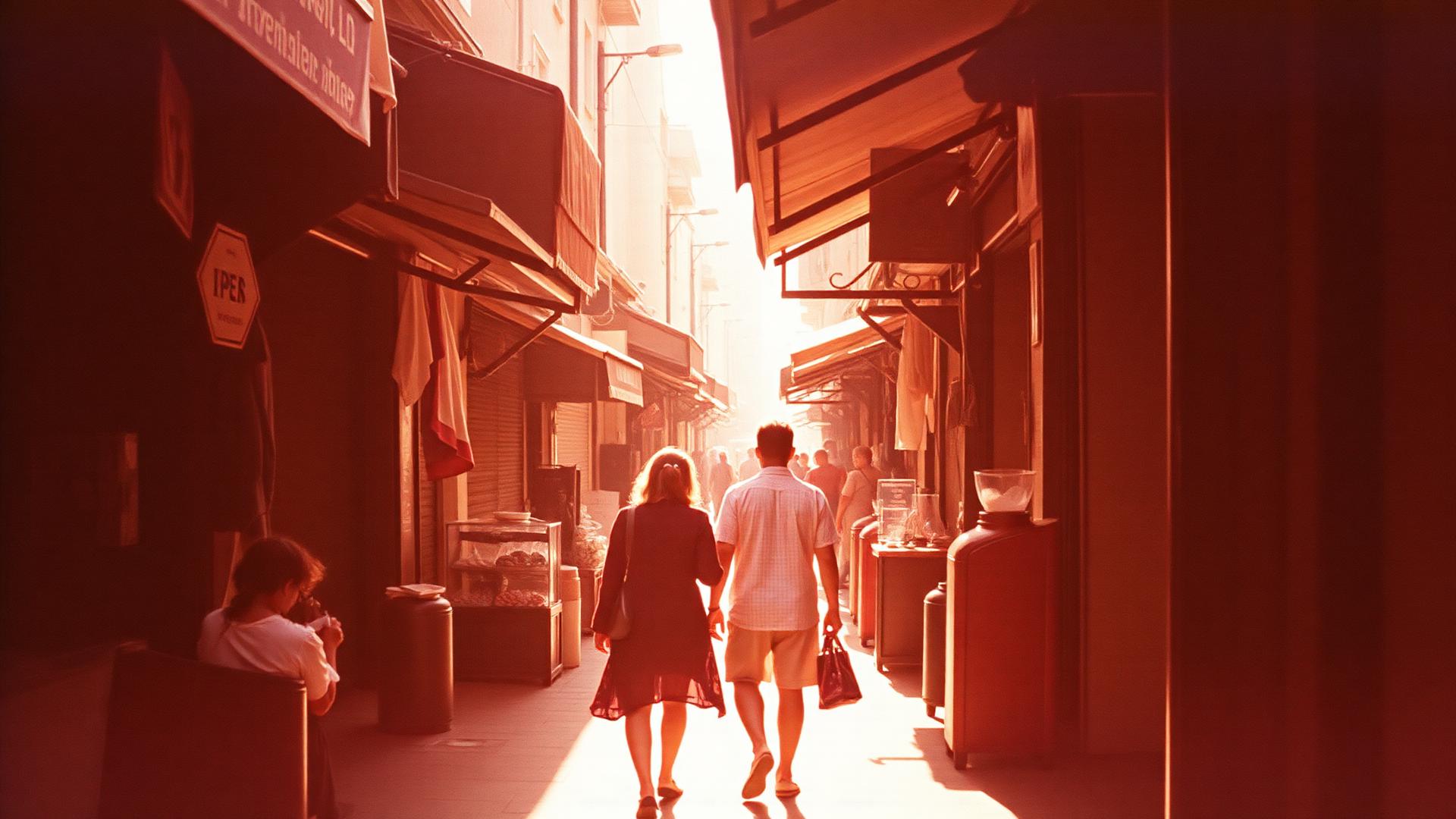 Two people walking a sunlit market alley