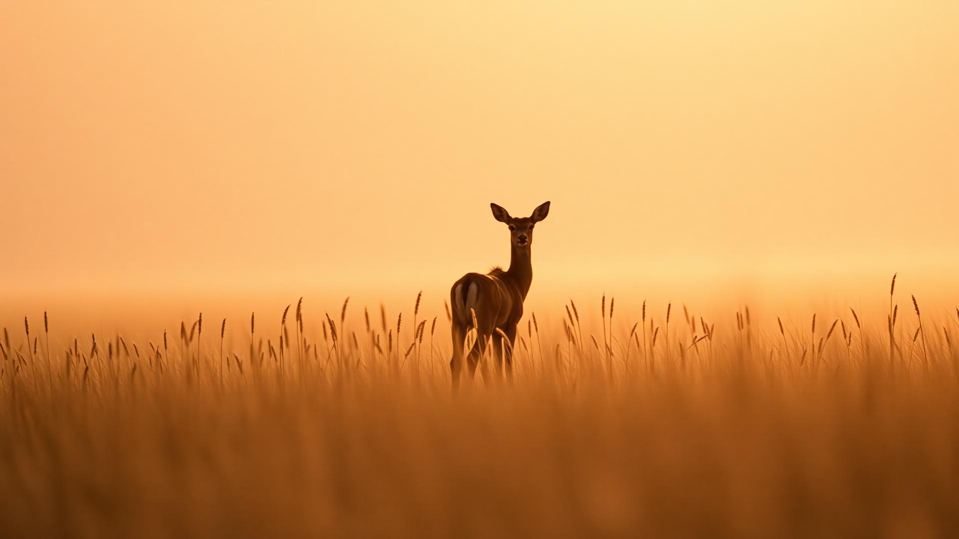 Deer standing in tall grass at sunrise