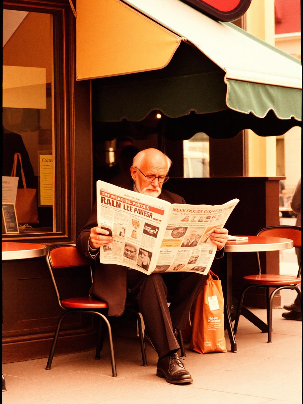 Elderly man reading a newspaper at a cafe